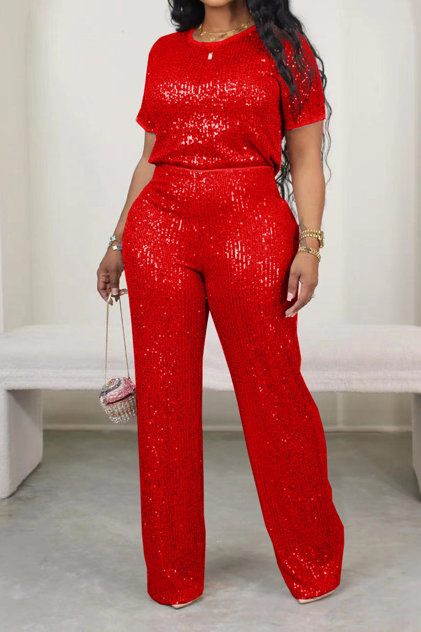 Sequin Solid 2-Piece Set - Tee & Pants