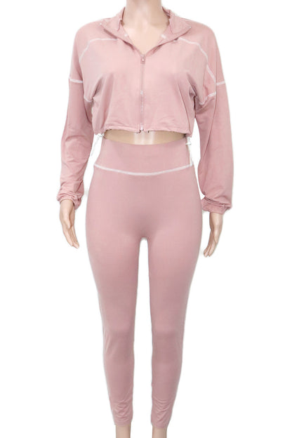 Solid Color Long Sleeve Zip-Up Top & Pants Set