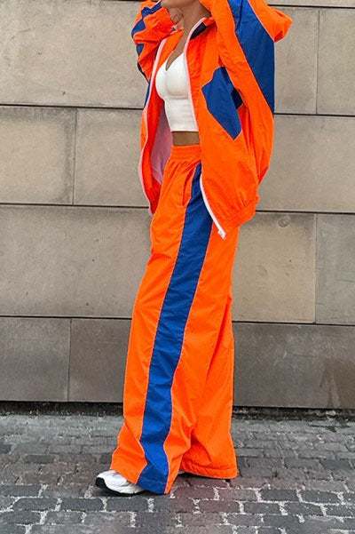 Contrast-Panel Zip Jacket & Wide-Leg Pants Set