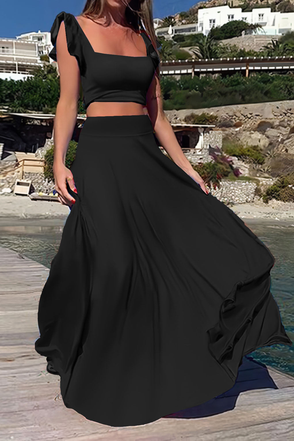 Elastic Solid Color Long Dress Two-Piece Set