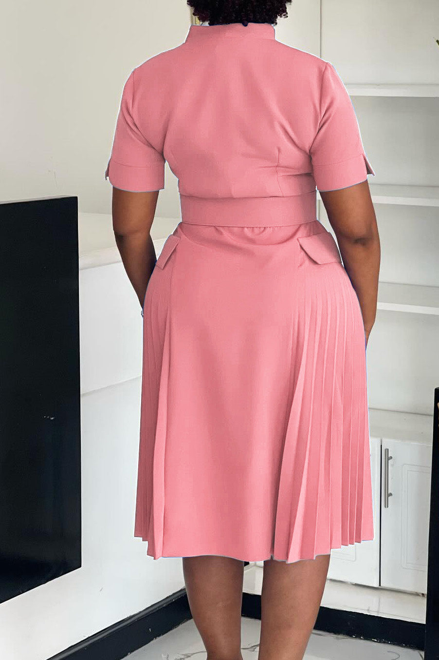 V-Neck Solid Color Plus Size Pleated Dress