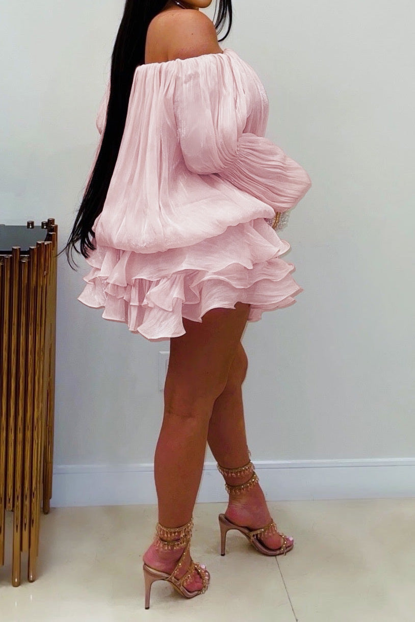 Plisse Off-Shoulder Tiered Mini Dress