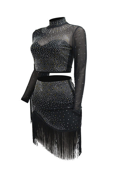 Rhinestone Mesh Fringe Skirt Set