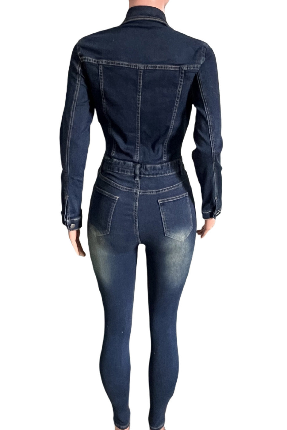 Stretch Denim Jumpsuit Long Sleeve Slim Fit