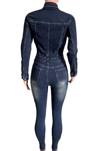 Stretch Denim Jumpsuit Long Sleeve Slim Fit