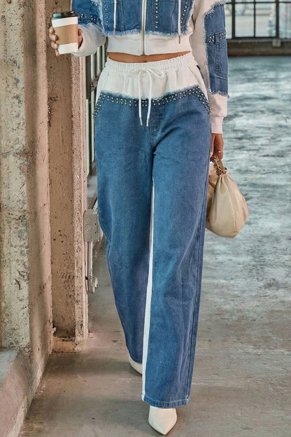Denim Spliced Studded Wide Leg Joggers