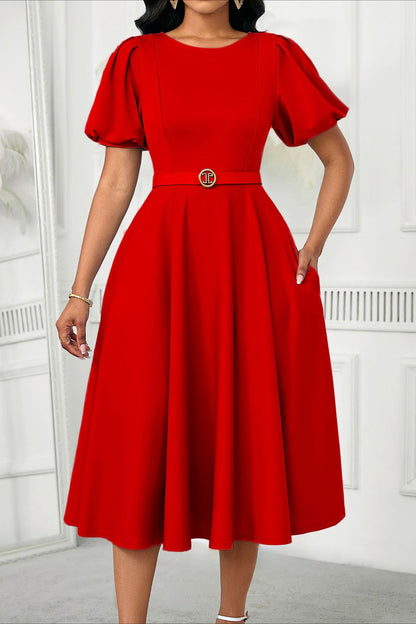 Puff Sleeve High Waist Solid Round Neck Dress