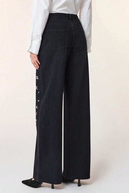 Pearl & Rhinestone Embellished Wide Leg Jeans