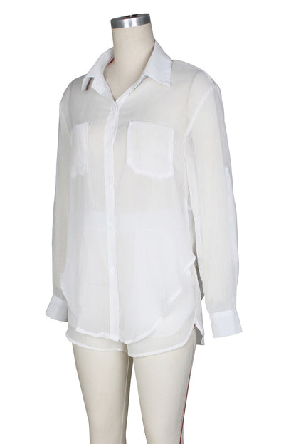 Sheer Long Sleeves Top Shorts Set