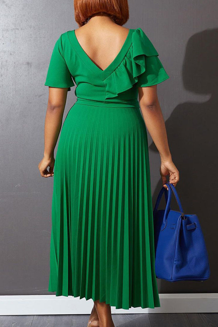 Pleated Flounce Sleeve Slim Fit Dress