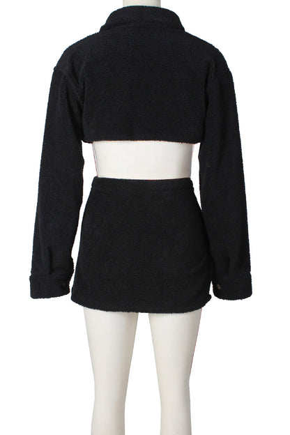 Fleece Long Sleeve Crop Tops Button Split Skirts