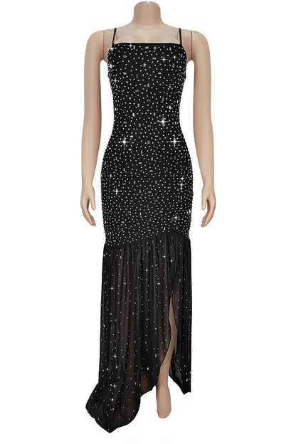 Rhinestone Strap Slit Bodycon Dress