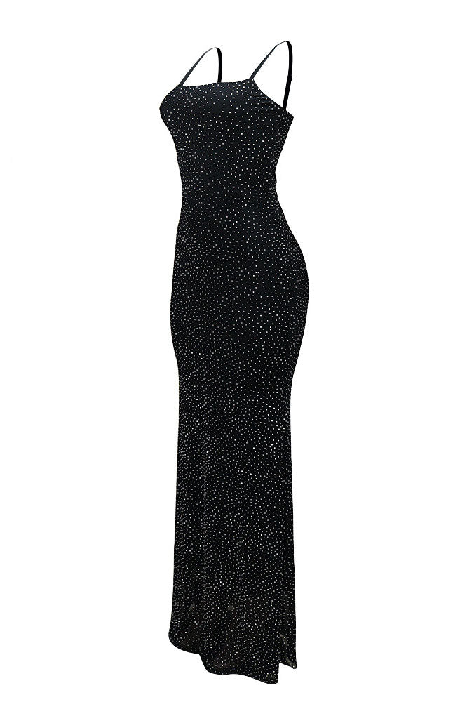 Spaghetti Strap Rhinestone Mesh Bodycon Dress