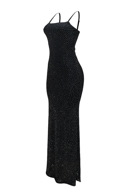 Spaghetti Strap Rhinestone Mesh Bodycon Dress