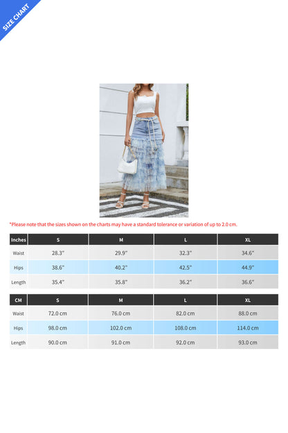 Floral Mesh Spliced Denim Midi Skirt