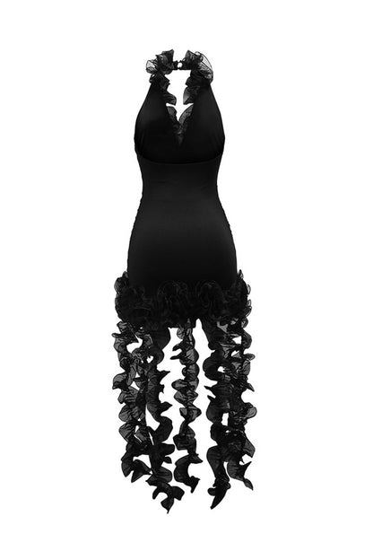 High Neck Cut Out Front Frilly Mini Dress
