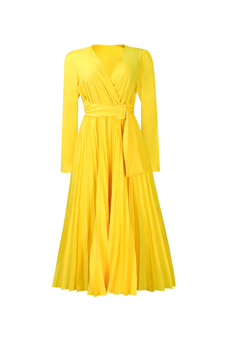 V Neck Long Sleeve Pleated Midi Dress