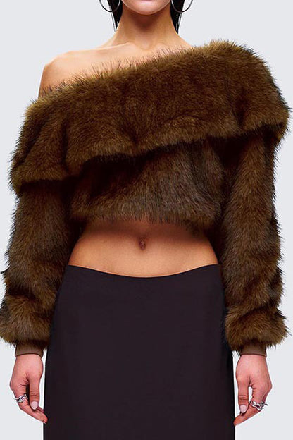 Brown Faux Fur Off Shoulder Top