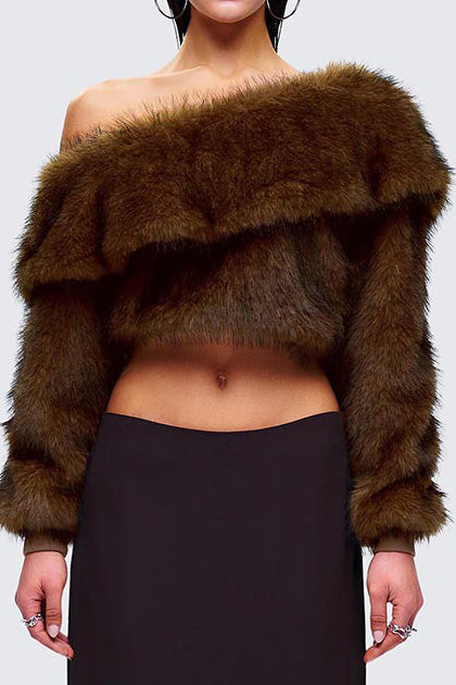Brown Faux Fur Off Shoulder Top