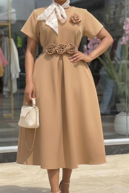 3D Rosette Belted A-Line Midi Dress