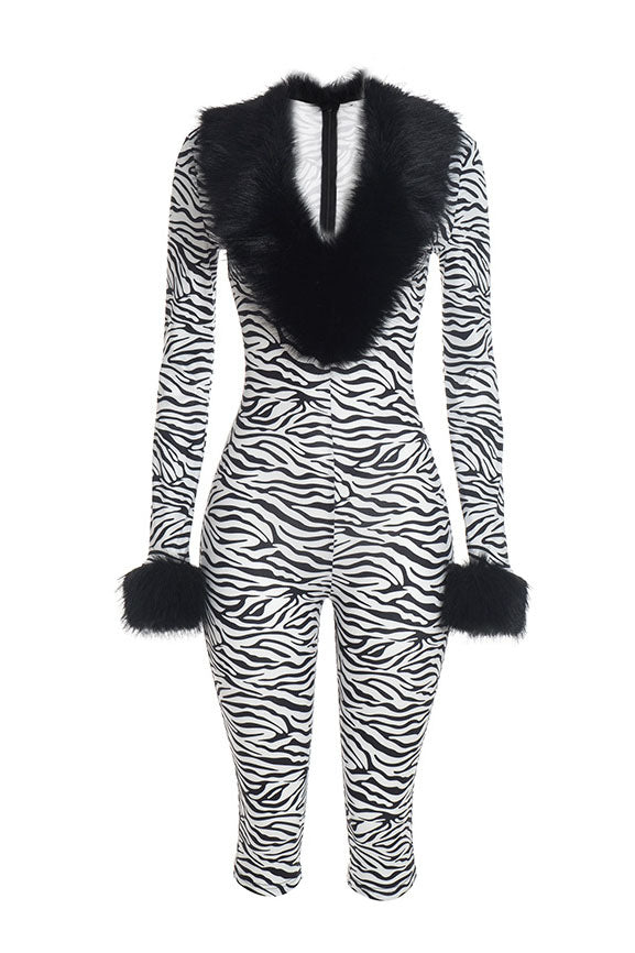 Zebra-Print Plush-Trim Capri Jumpsuit