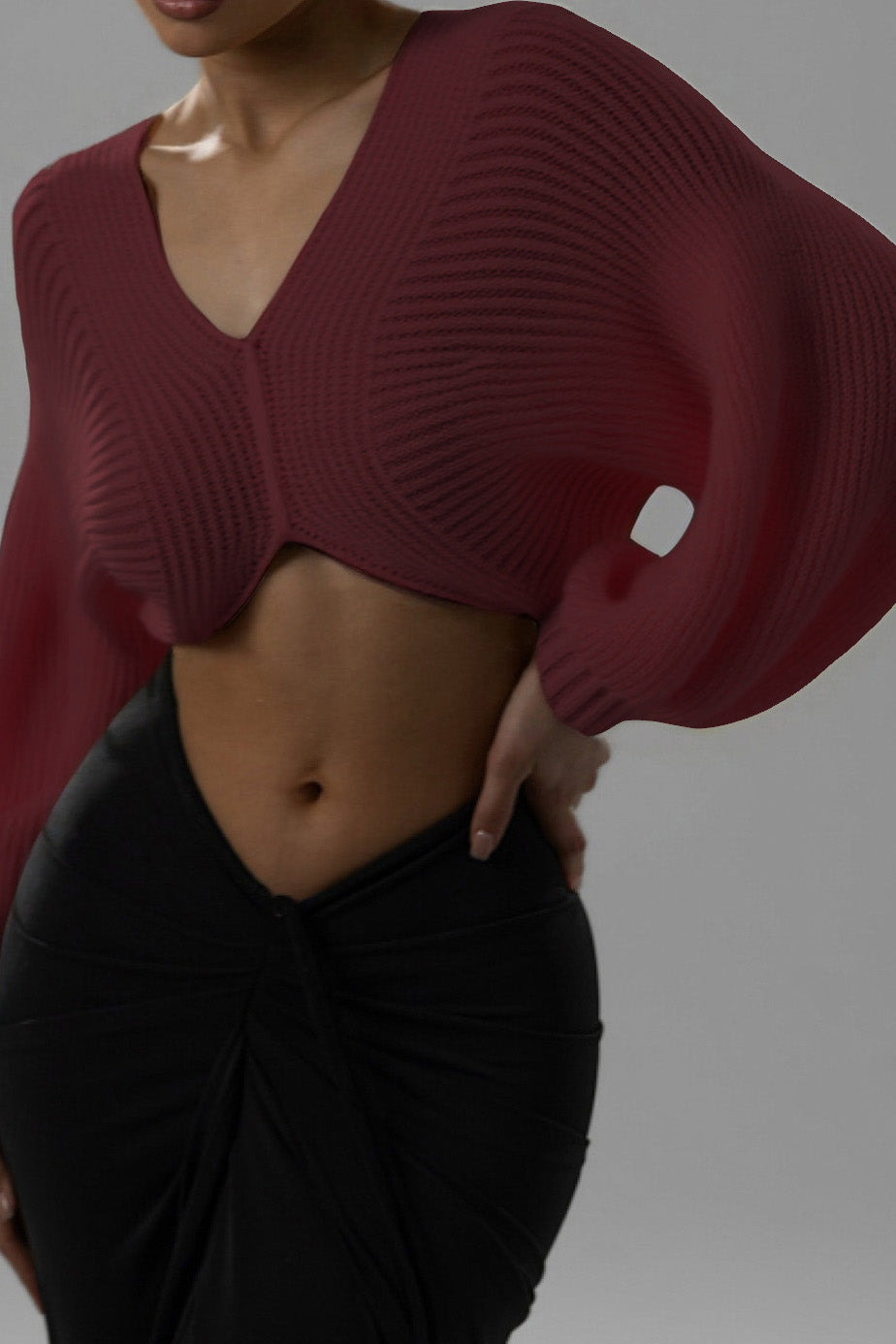 Knit V-Neck Long-Sleeve Top