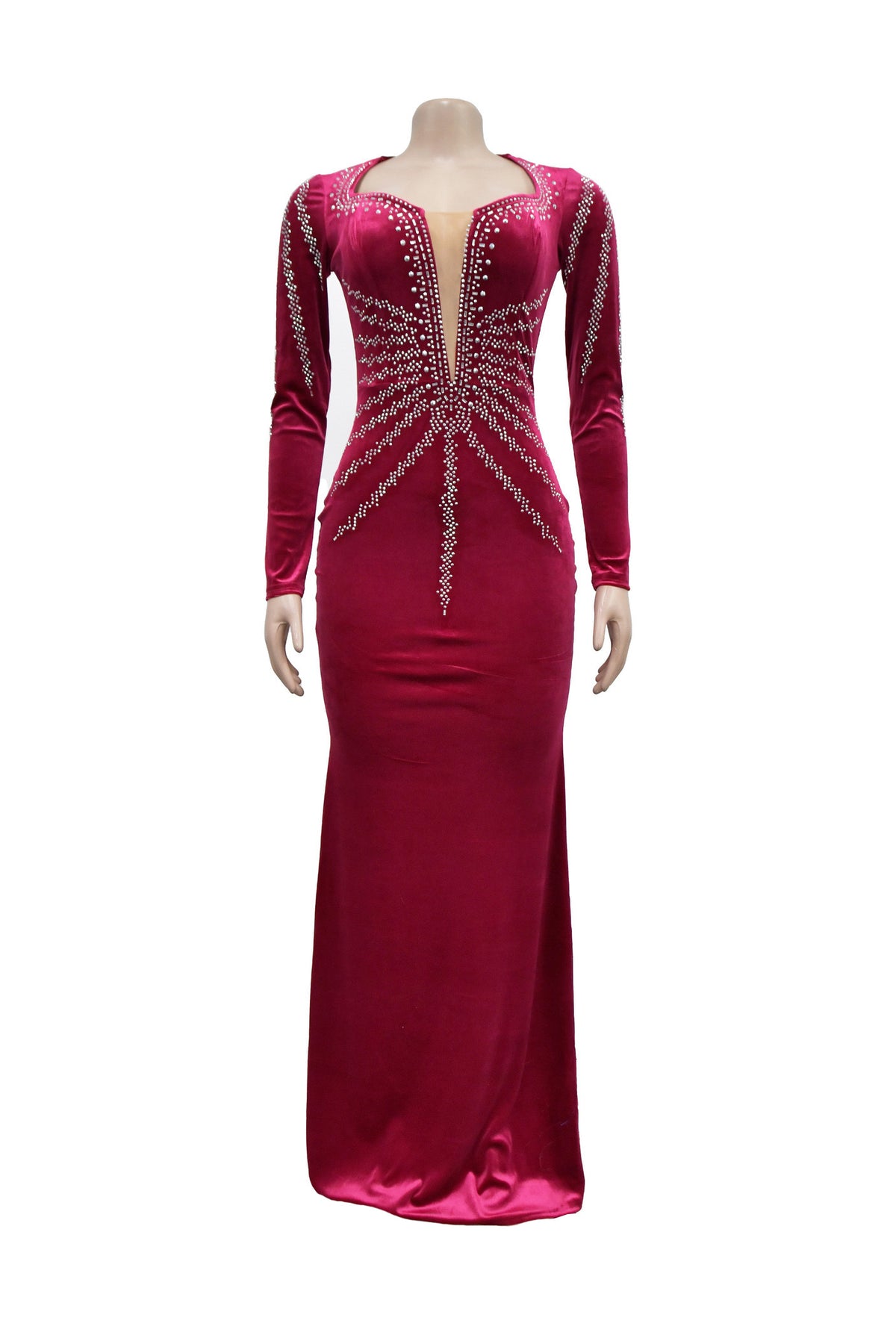 Rhinestone Plunge Illusion Velvet Maxi Dress