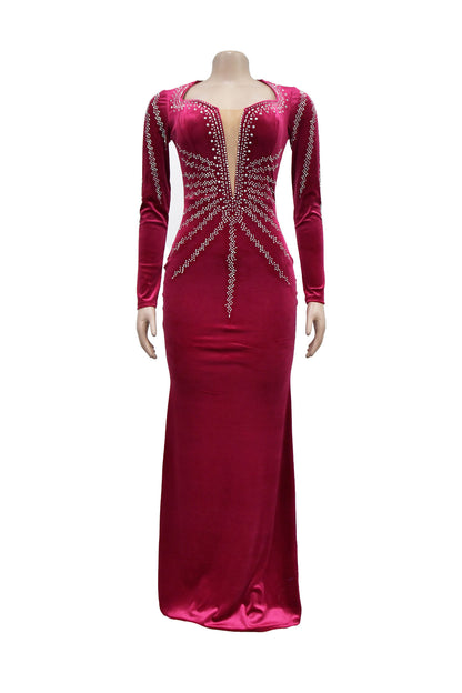 Rhinestone Plunge Illusion Velvet Maxi Dress