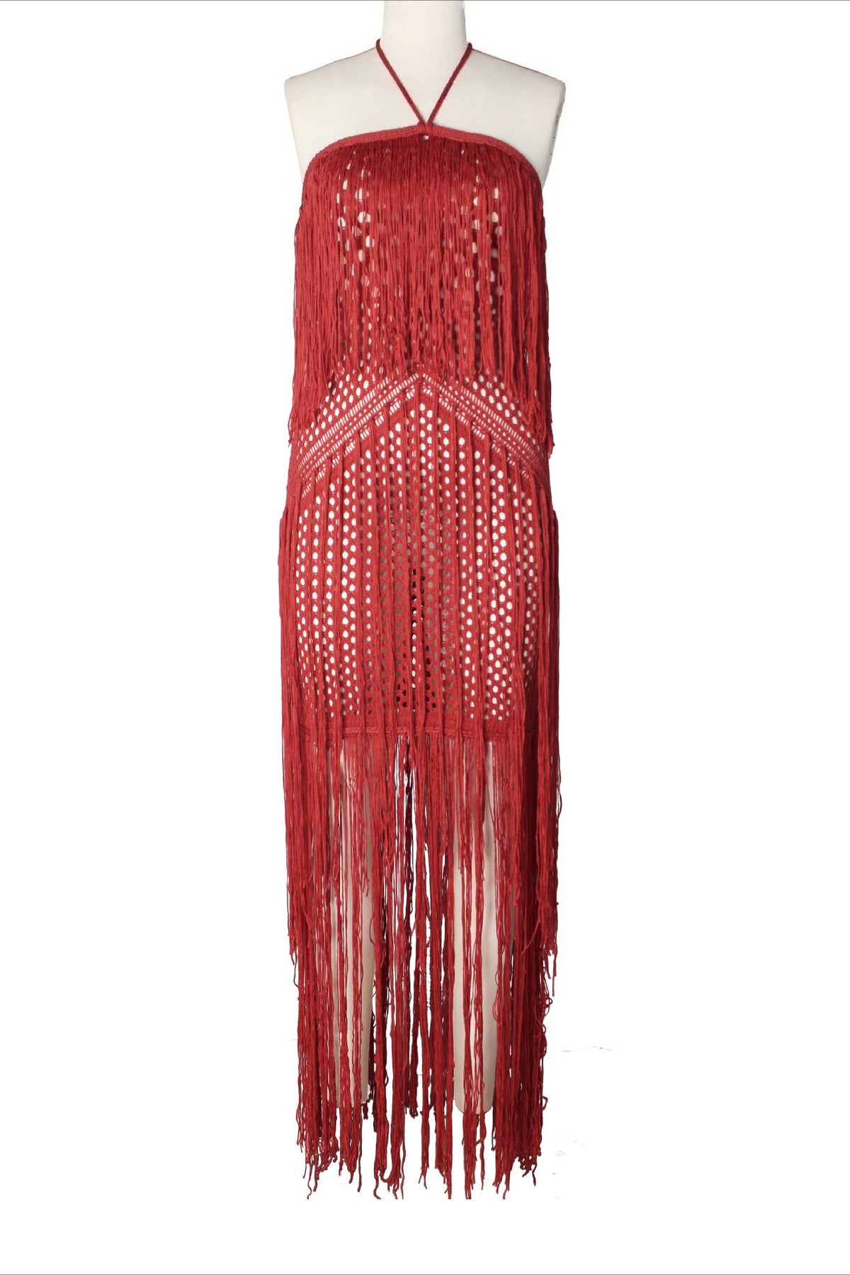 Crochet Halter Fringe Maxi Dress