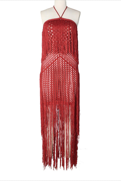 Crochet Halter Fringe Maxi Dress