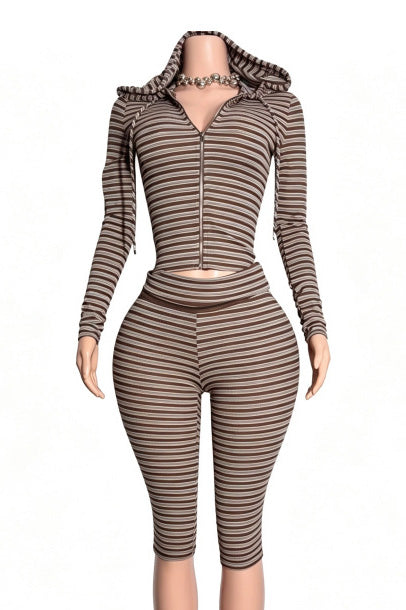 Striped Ribbed Zip Hoodie & Capri Set
