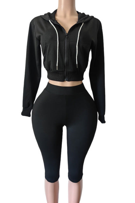 Cropped Zip Hoodie Biker Shorts Set