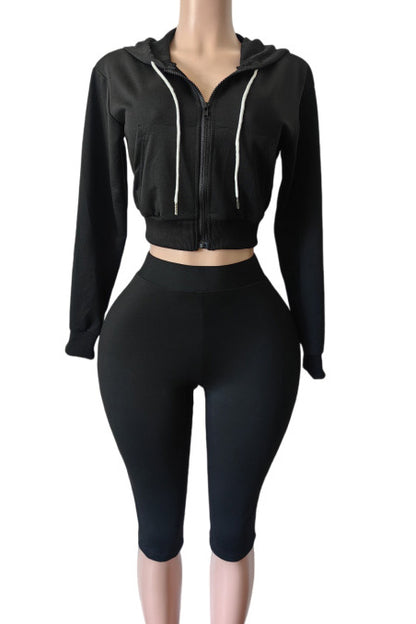 Cropped Zip Hoodie Biker Shorts Set