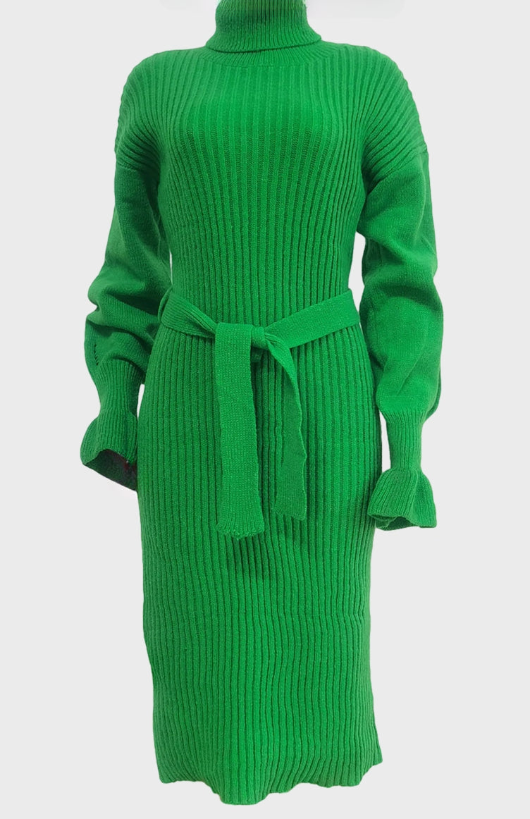 Rib Knit Tie Waist Midi Dress
