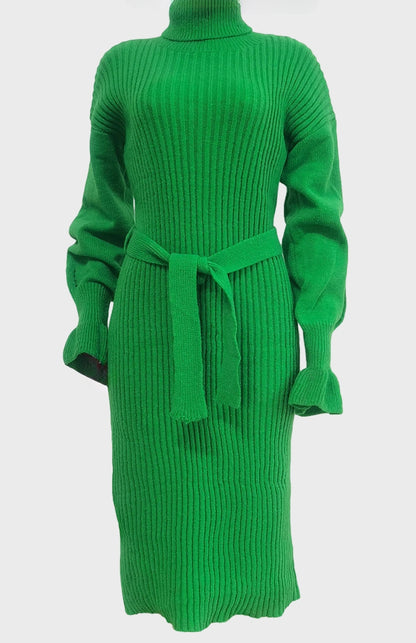 Rib Knit Tie Waist Midi Dress