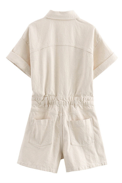 Denim Short Sleeve Romper with Pockets