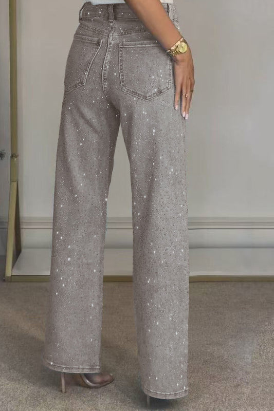 Wide-Leg High-Waist Rhinestone Jeans