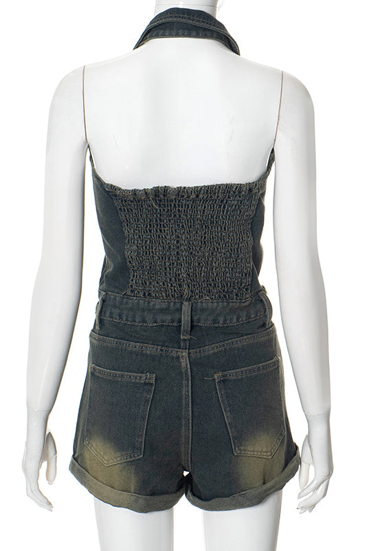 Sleeveless Denim Halter V Neck Backless Romper