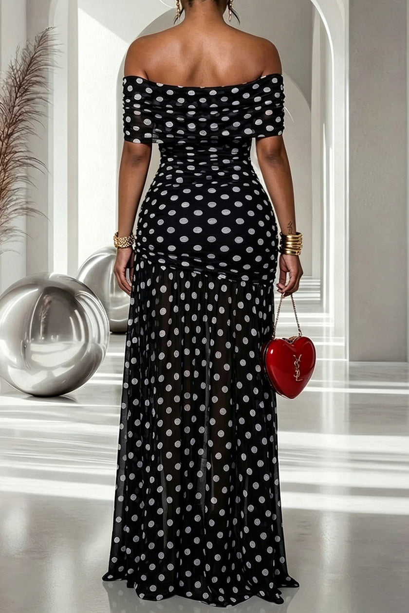 Off-Shoulder Polka Dot Ruched Maxi Dress