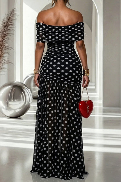 Off-Shoulder Polka Dot Ruched Maxi Dress