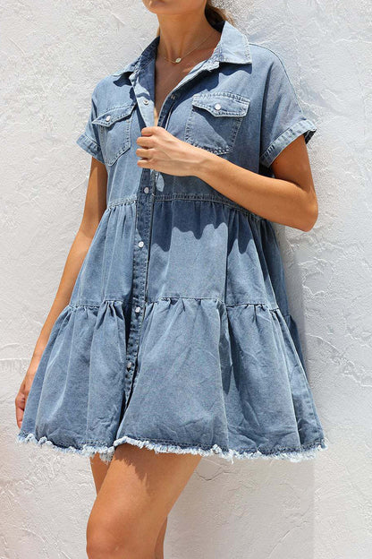 Raw Hem Short Sleeve Denim Dress