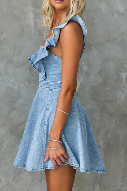 Ruffled Square Neck Denim Mini Dress