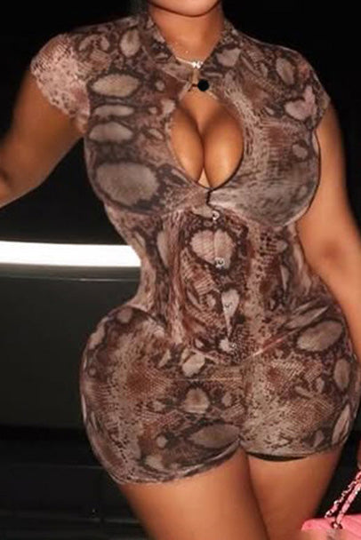 Snake Print Button-Front Bodycon Romper