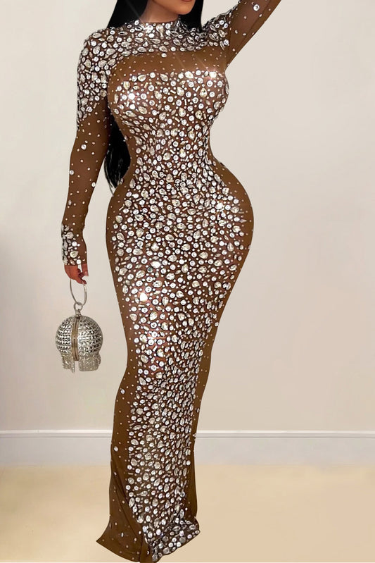 Mesh Rhinestone Long Sleeve Maxi Dress