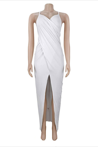 Draped V-Neck Cutout Slit Maxi Dress