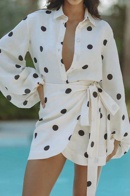 Polka Dot Long Sleeve Two-Piece Skirt Set
