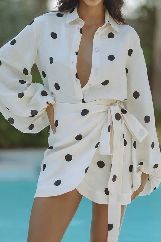 Polka Dot Long Sleeve Two-Piece Skirt Set
