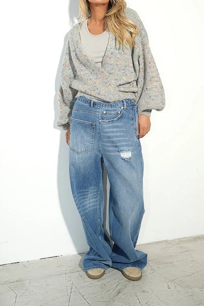 Distressed Patch Pocket Wide Leg Jeans