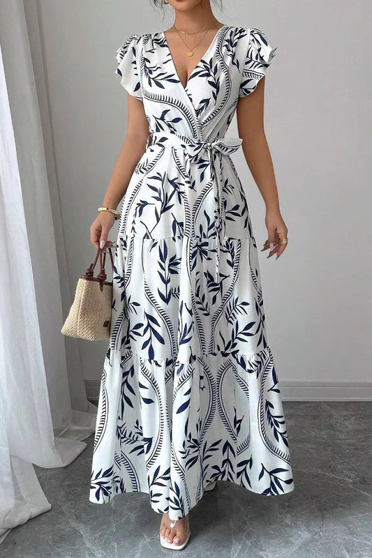 Floral Ruffle V-Neck Slim Maxi Dress