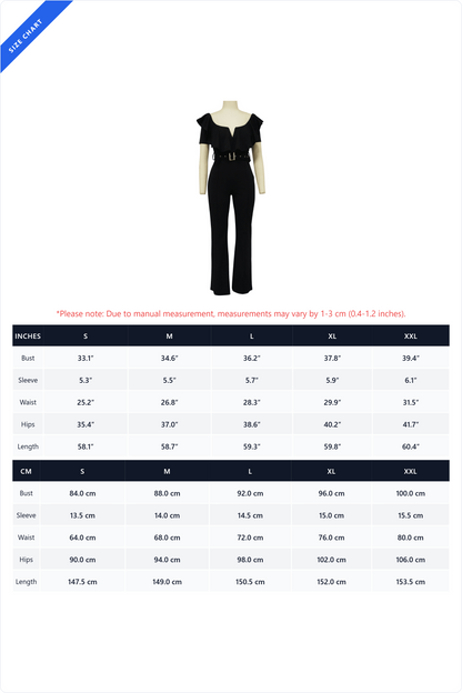 Plunging Ruffle Off-The-Shoulder Belted Flared Jumpsuit